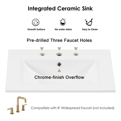 Soges 24" Bathroom Vanity with Ceramic Sink, Solid Wood Bathroom Makeup Cabinet with Door, Adjustable Shelf and 2 Drawer, Free Standing Single Basin Vanity Set for Small Bathroom, White