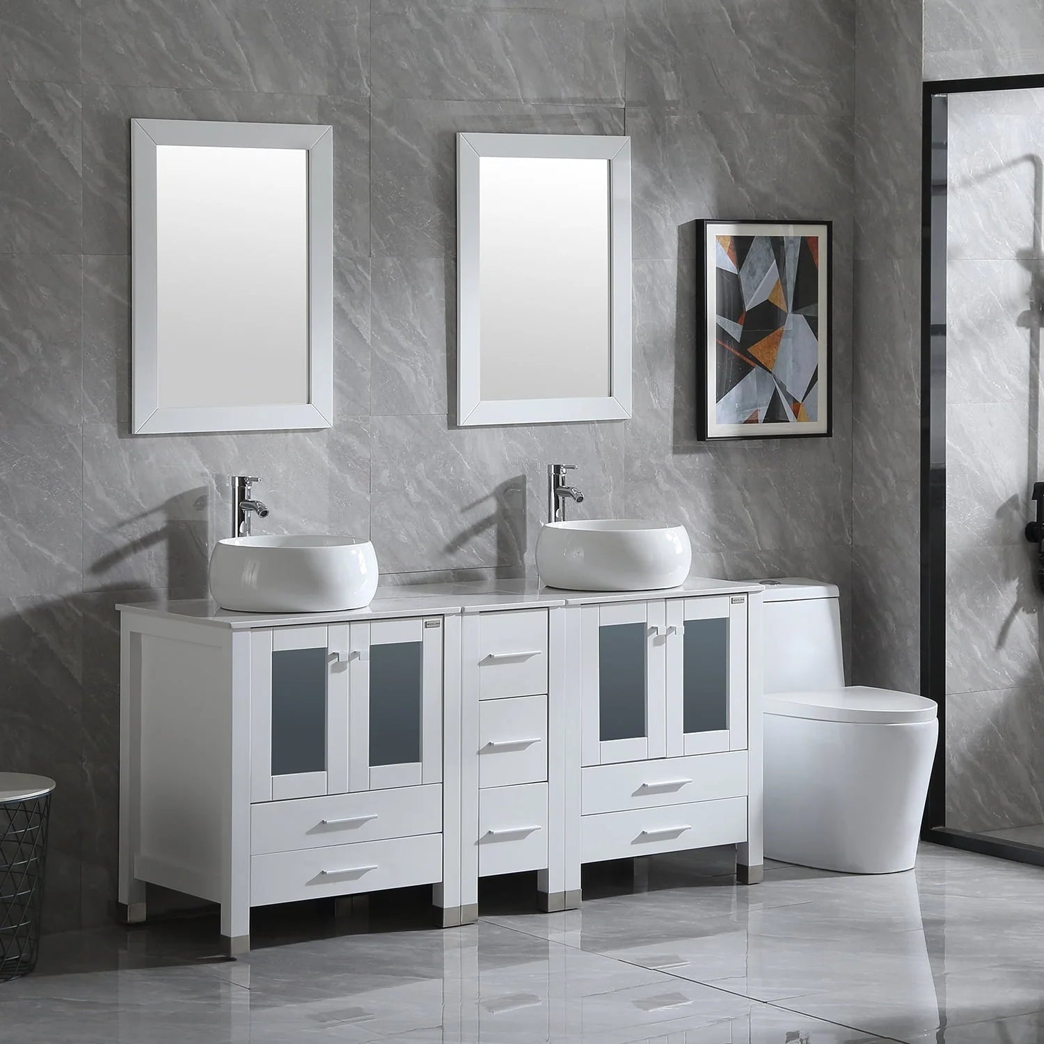 Wonline 60" Bathroom Vanity Wood Cabinet Double Ceramic Sink w/Mirror White