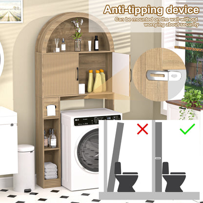 HARIPUL Over The Toilet Storage Cabinet w/Unique Wood Grain & Arc Design, Freestanding Bathroom Shelf Organizer Space Saver w/Doors & Anti-Tip Device, Wood Color