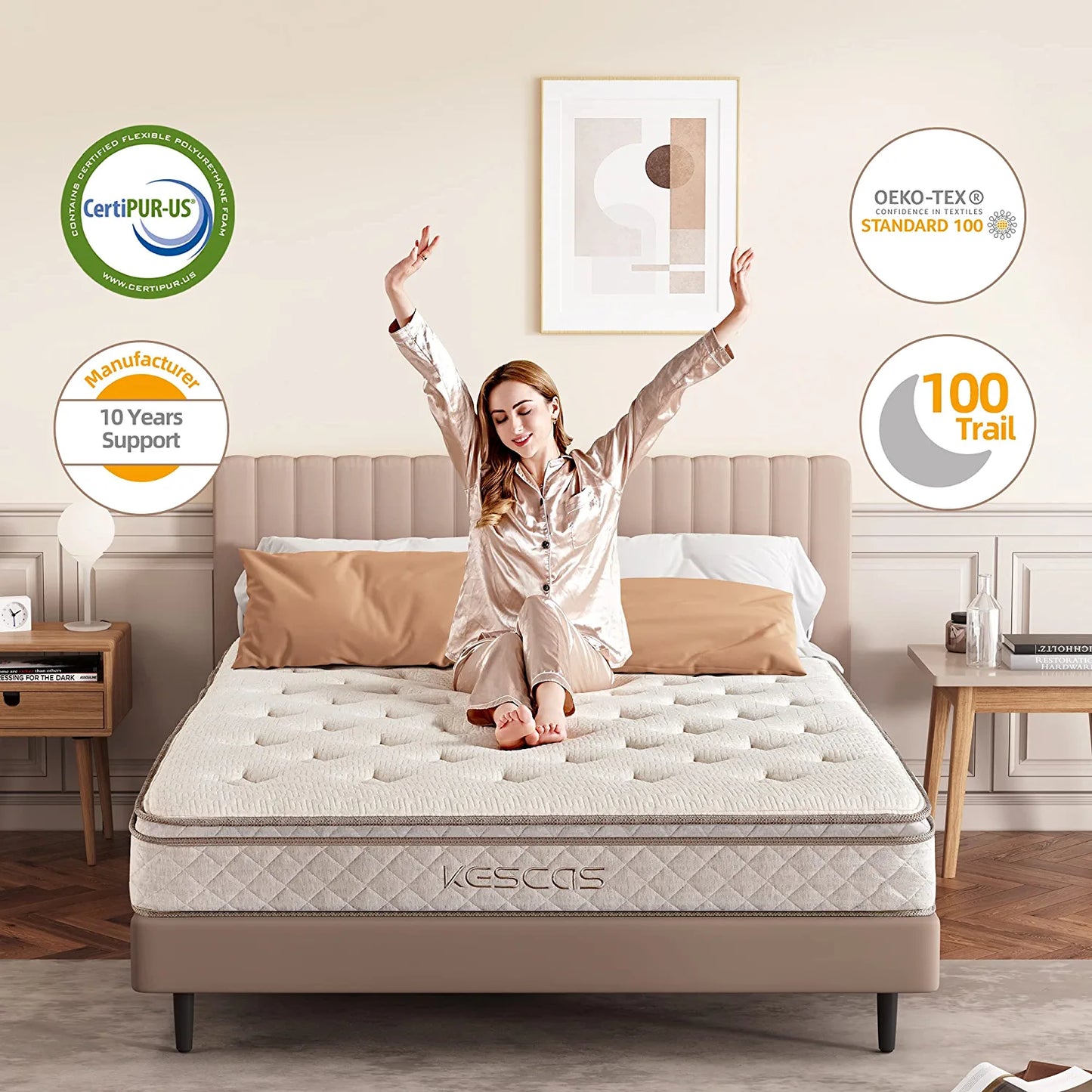 Queen Size Hybrid Mattress, Kescas 10 inch Euro Top Linen Cover Innerspring Mattress in a Box, with CertiPUR-US Certified Memory Foam, Plush Yet Supportive