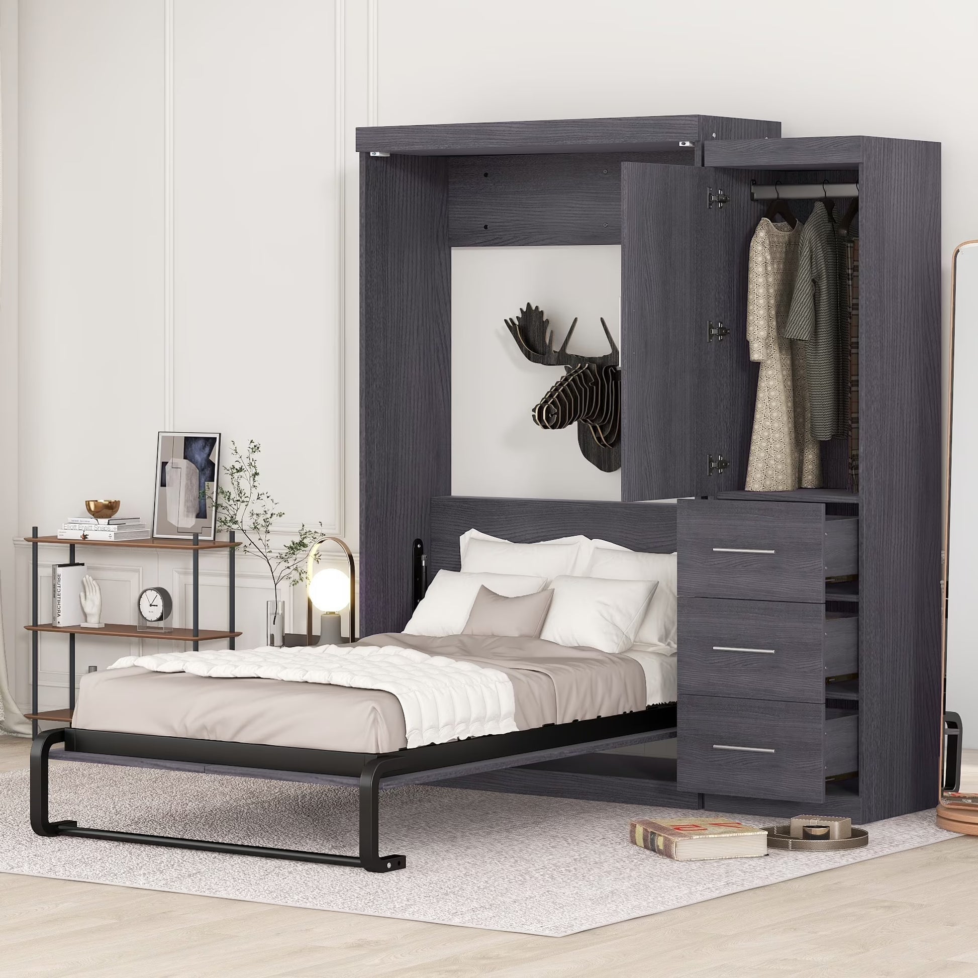 Euroco Wood Full Size Murphy Wall Bed with Wardrobe and Drawers for Living Room, Moveable Wardrobe and Drawers, Space-Saving & Easy Open and Close for Kids Teens Adults, Gray