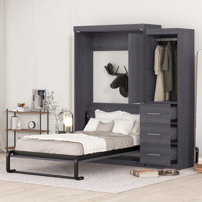 Euroco Wood Full Size Murphy Wall Bed with Wardrobe and Drawers for Living Room, Moveable Wardrobe and Drawers, Space-Saving & Easy Open and Close for Kids Teens Adults, Gray