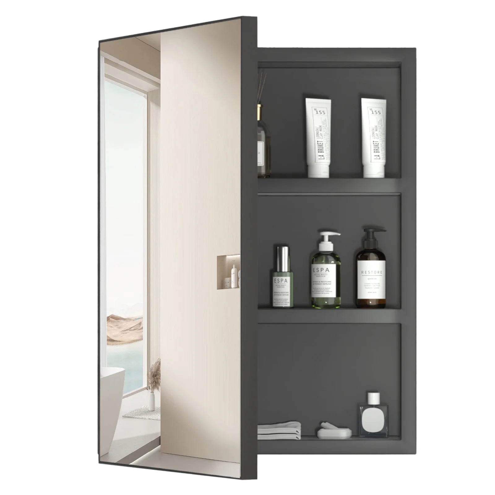 Ciumeeo Bathroom Wall Cabinet Single Door Wall Mount Storage Medicine Cabinet with Mirror and Hidden Shelves Black