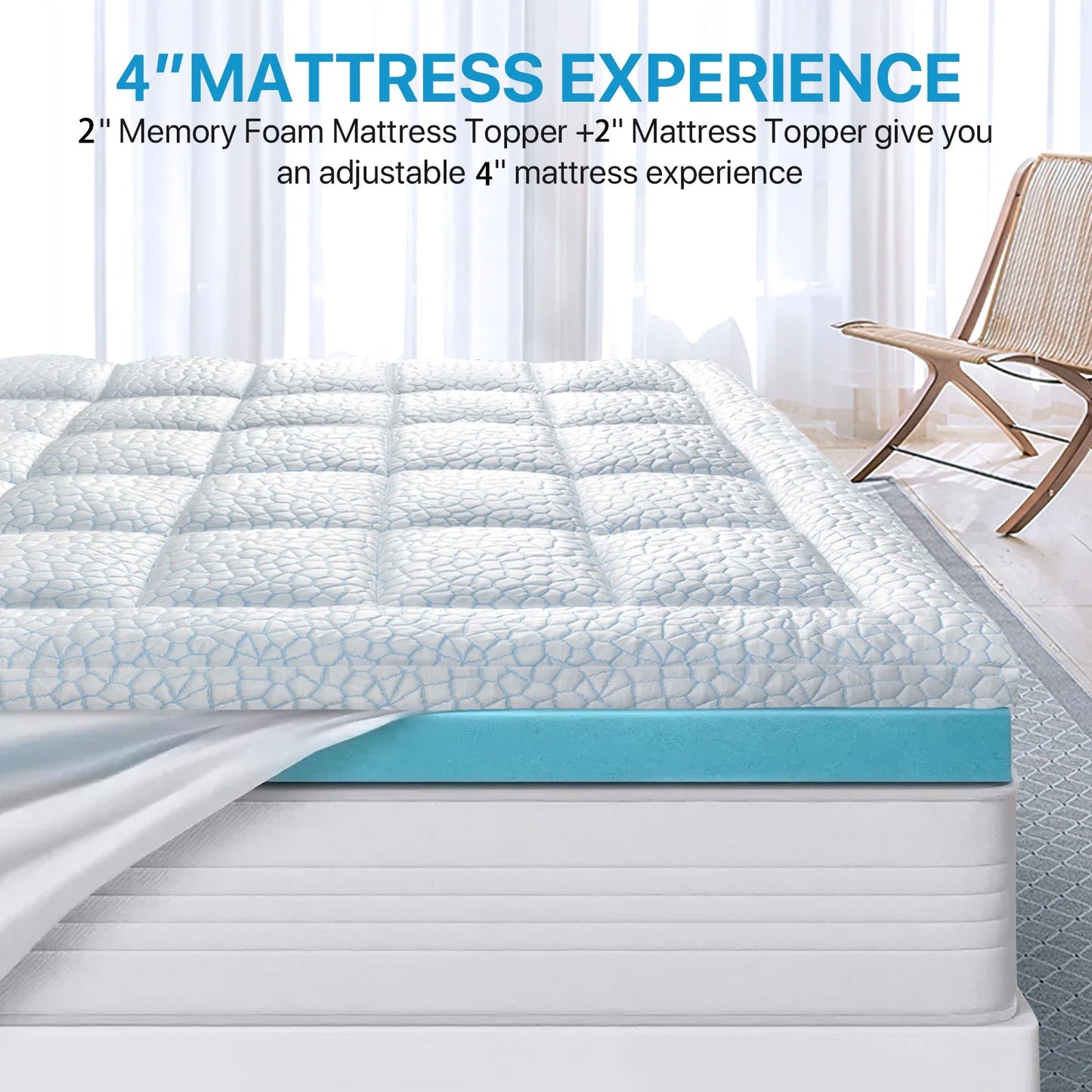 Fapo Queen Size Dual Layer 4 Inch Memory Foam Mattress Topper,Cooling Bamboo Surface,Including 2" 50D Gel Memory Foam and 2" 3D Desigh Soft Breathable Quilted Pillow Top Mattress Pad