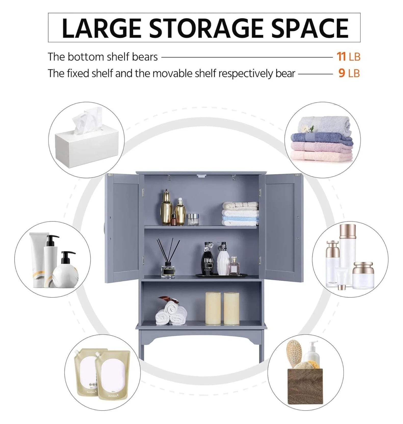 Over The Toilet Storage, Bathroom Storage Organizer with 2 Doors and Adjustable Shelf, L24.5xW9xH66 Inches, Gray