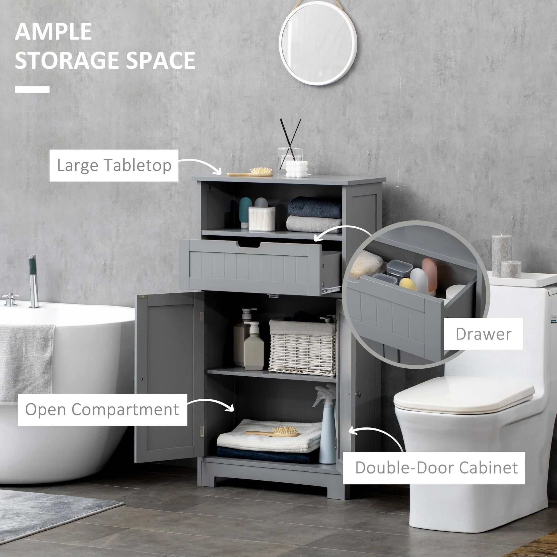 kleankin Bathroom Storage Cabinet Freestanding Bathroom Storage Organizer with Drawer and Adjustable Shelf for Living Room, Bedroom or Entryway, Grey