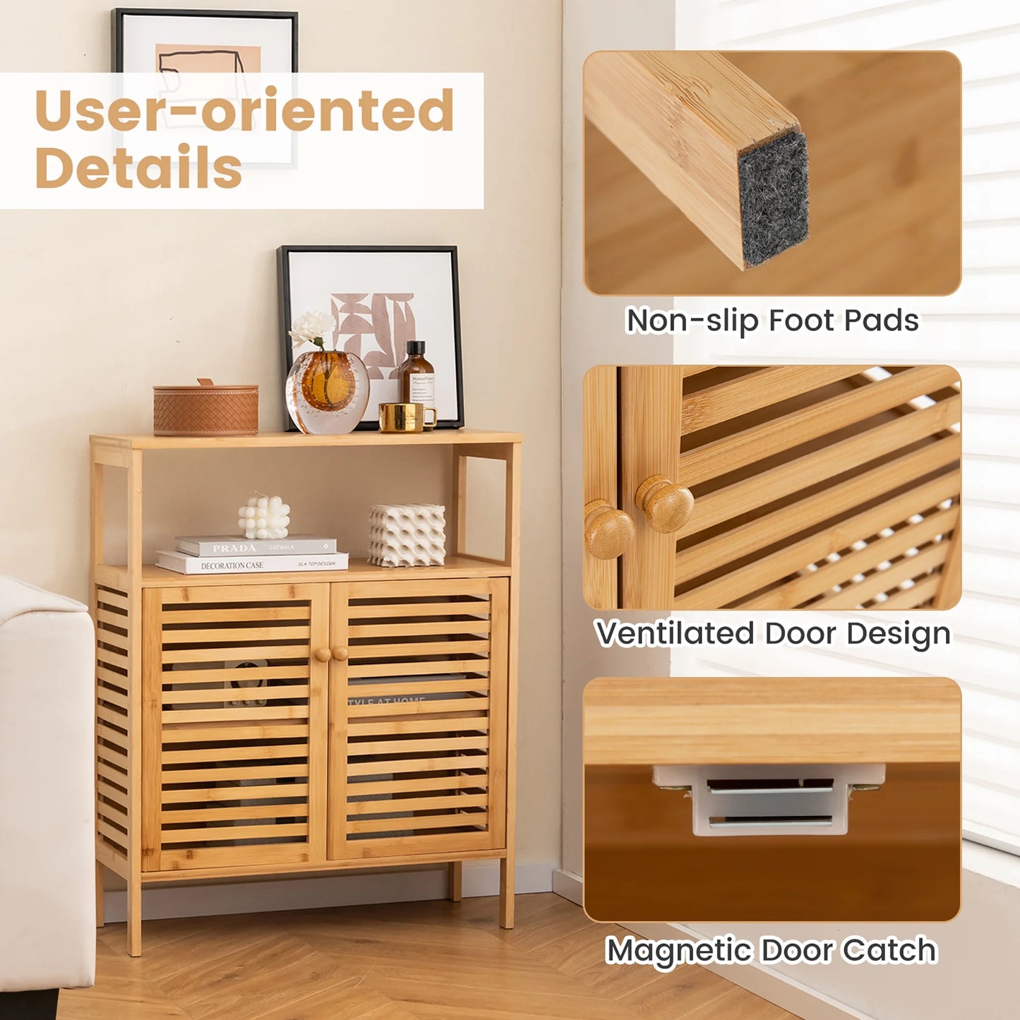 Gymax Bathroom Floor Cabinet Freestanding Bamboo Storage Organizer w/Double Shutter Doors