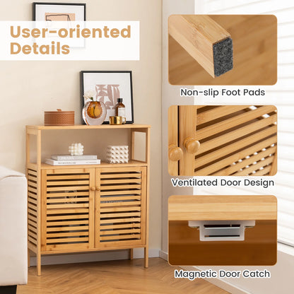 Gymax Bathroom Floor Cabinet Freestanding Bamboo Storage Organizer w/Double Shutter Doors
