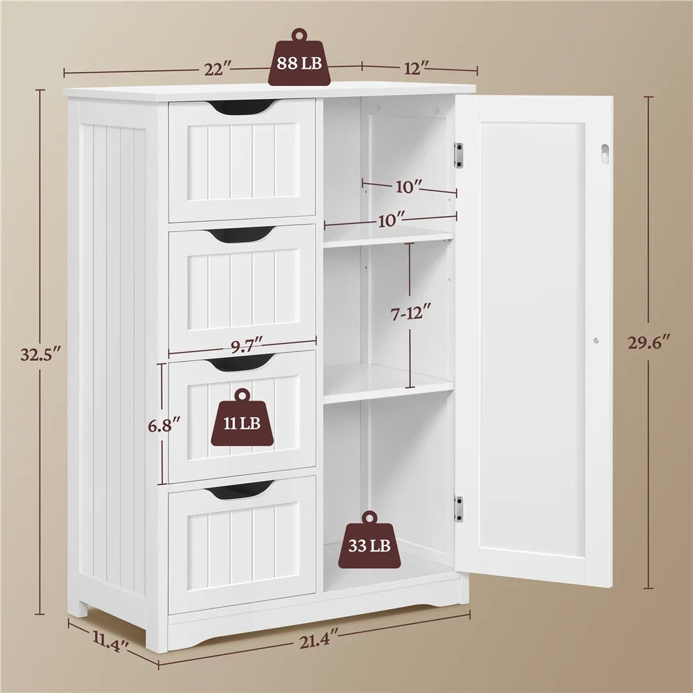 Yaheetech Wooden Cabinet Storage Unit with 4 Drawers & Cupboard for Bathroom, White
