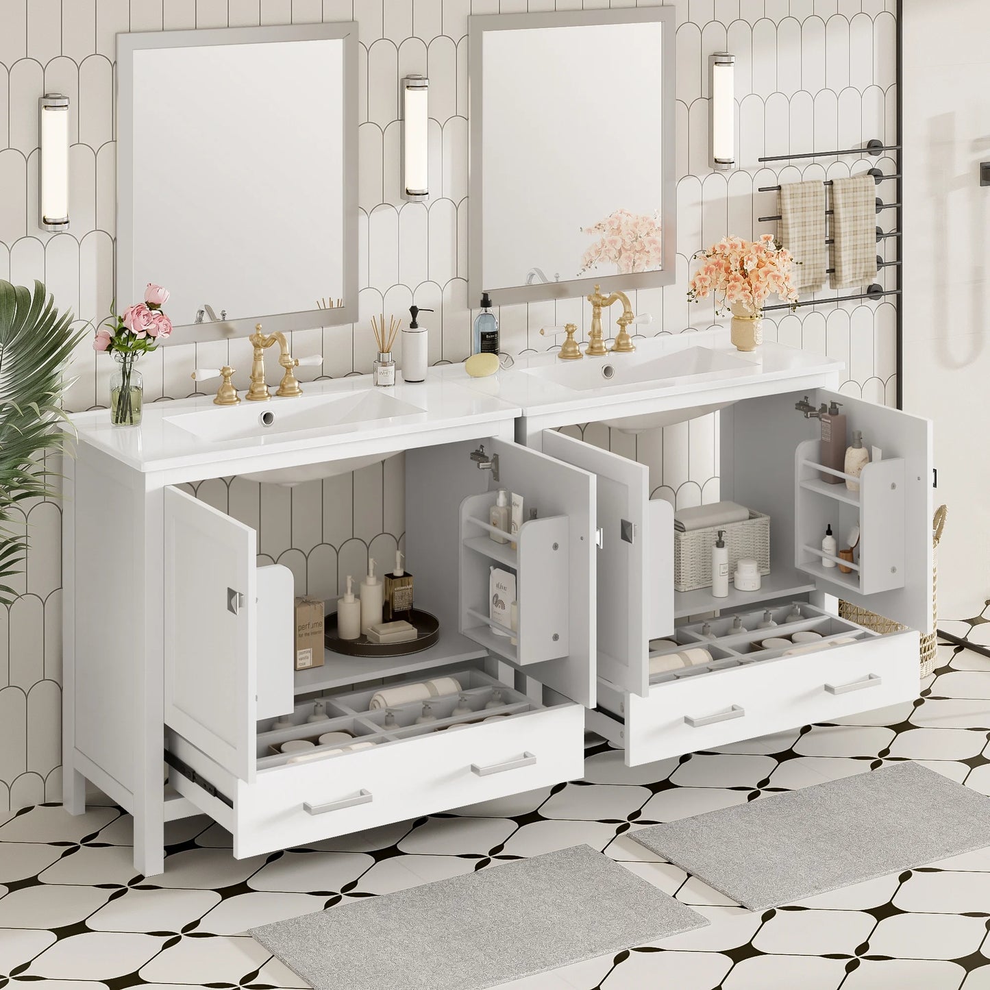 Harper & Bright Designs 72" White Bathroom Vanity Sink Combo with Soft-Close Doors, Bathroom Floor Cabinet with Storage