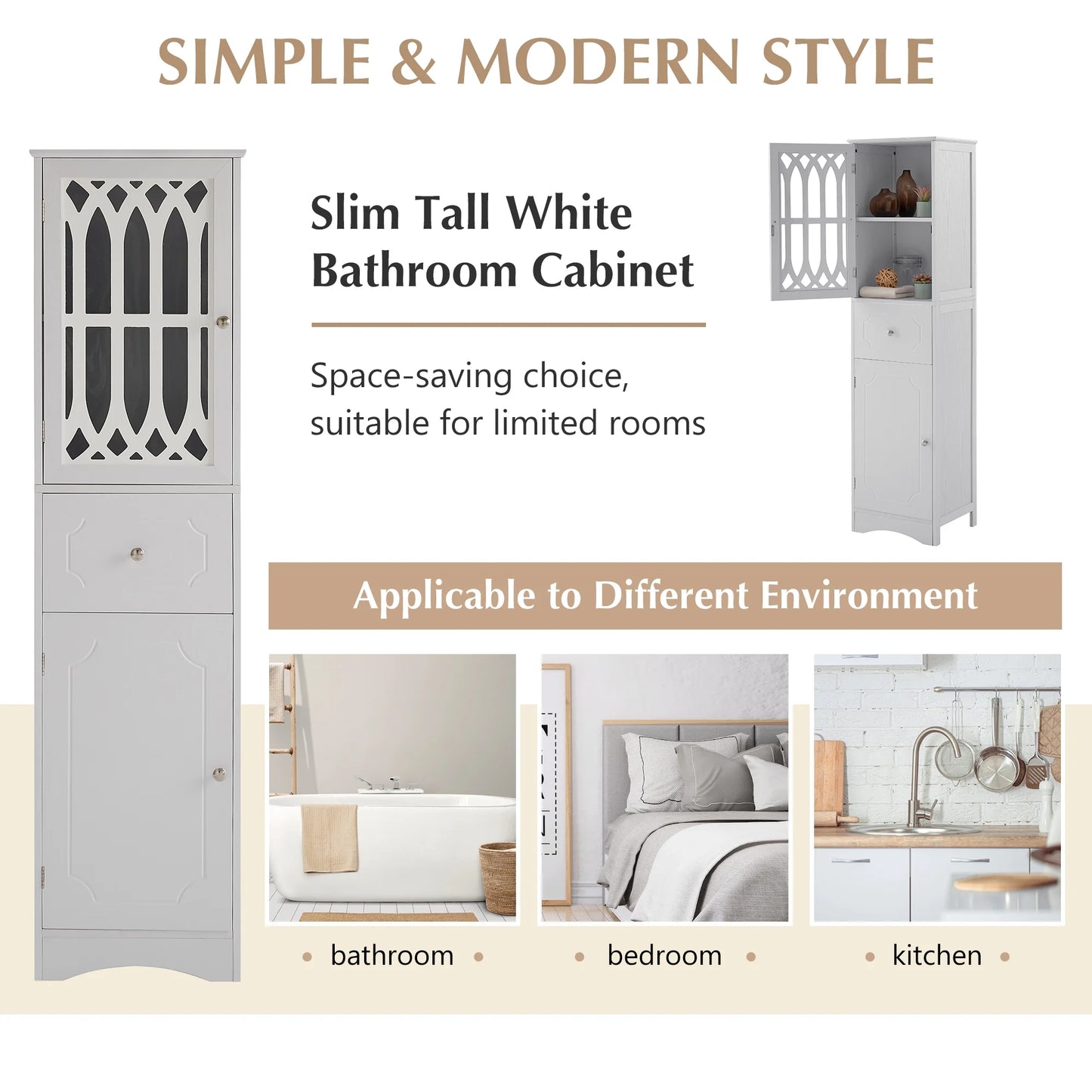 Royard Oaktree Tall Bathroom Cabinet with Drawer and Doors Freestanding Storage Cabinet with Hutch Modern Narrow Kitchen Pantry Sideboard Cabinets for Living Room Bedroom Office, White