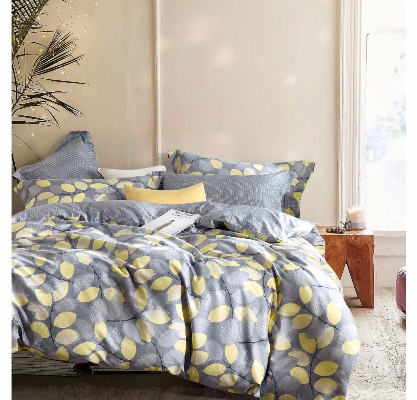 Say Yes Bedding Woodgrove Grey/Yellow Leaf Pattern Cotton Comforter Set , King Size