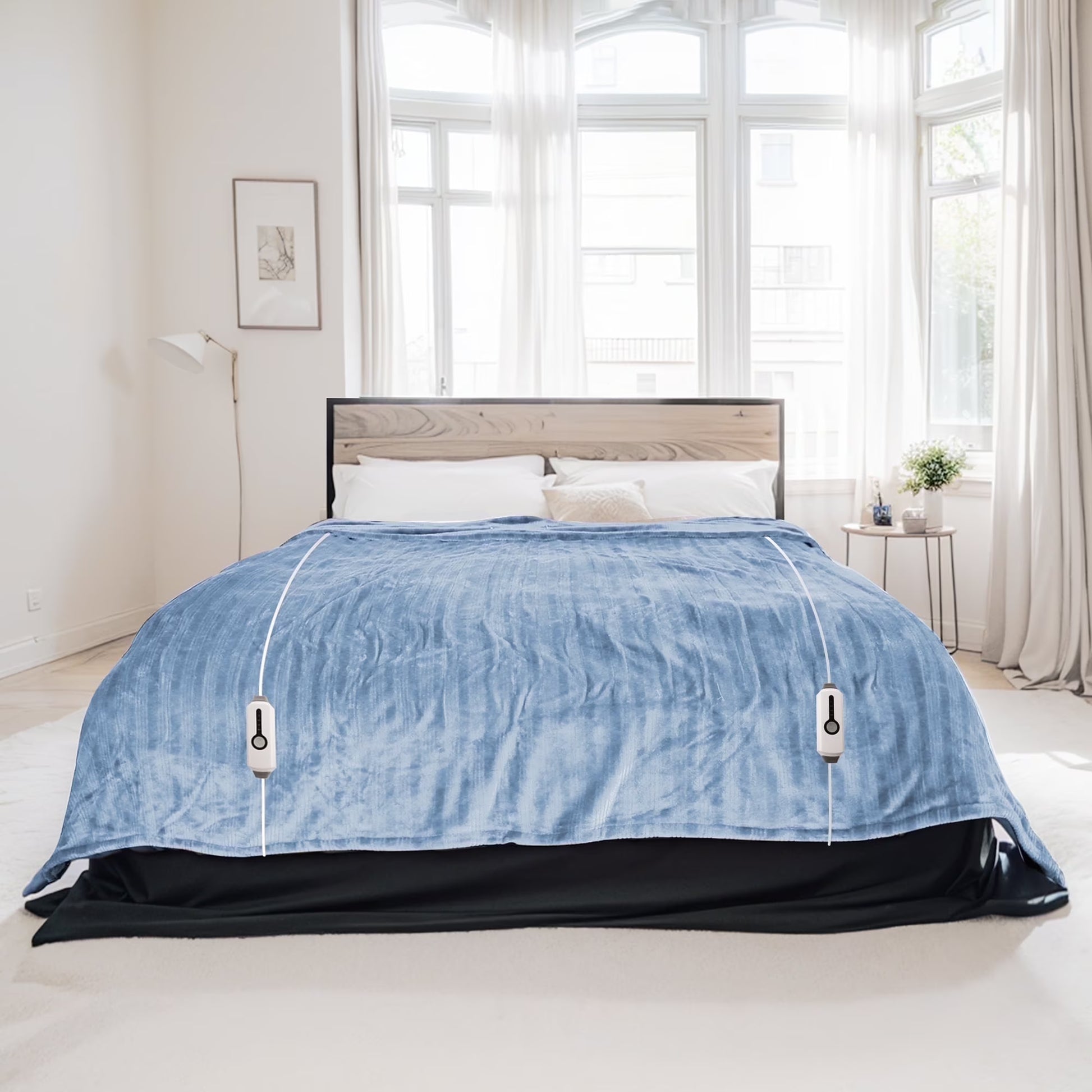 Electric Heated Blanket 84'' x 90'' Queen Size Flannel Machine Washable, Warm and Cozy all Night, Dual Control-Light Blue