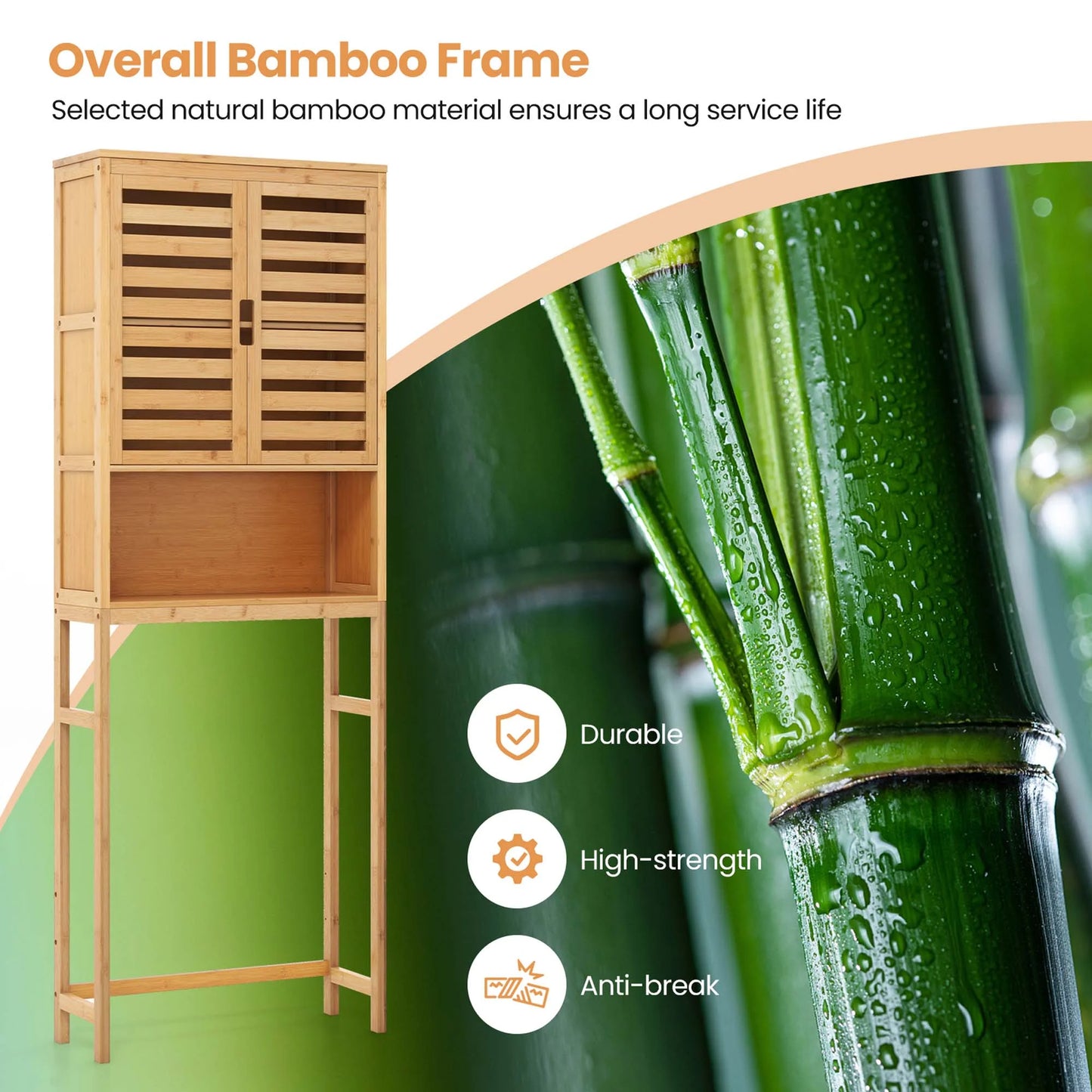 Costway Over the Toilet Storage Cabinet Tall Bathroom Bamboo Shelf Organizer Space Saver