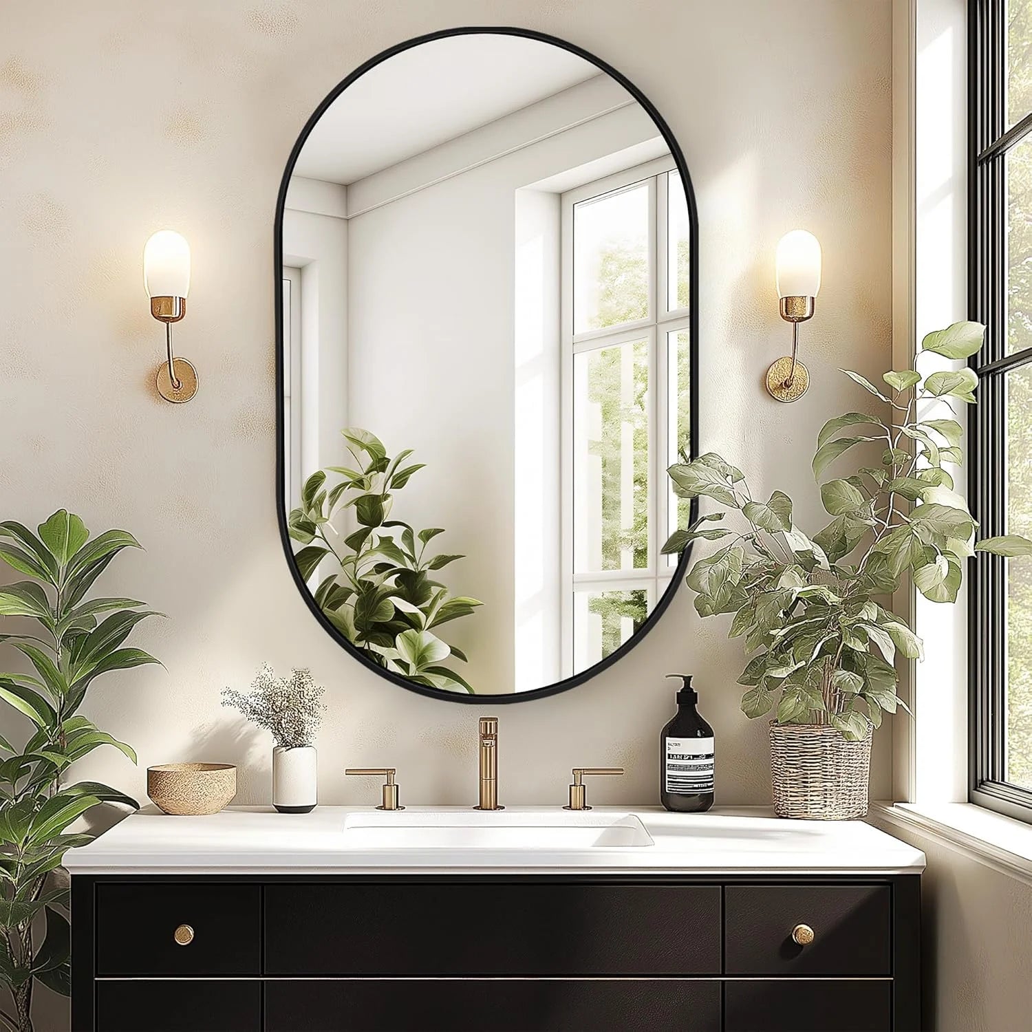SogesHome Medicine Cabinet with Mirror, 21x34 Oval Mirror Cabinet, Wall Mount Recess Bathroom Vanity Mirror with Storage with 2 Adjustable Shelves, Perfect for Bathroom, Black