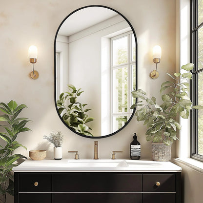 SogesHome Medicine Cabinet with Mirror, 21x34 Oval Mirror Cabinet, Wall Mount Recess Bathroom Vanity Mirror with Storage with 2 Adjustable Shelves, Perfect for Bathroom, Black