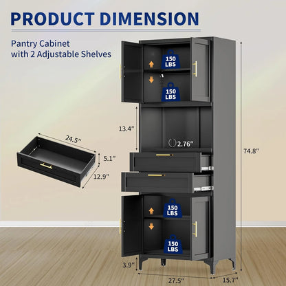 75° Tall Kitchen Pantry Storage Cabinet, Metal Storage Cabinet with 2 Drawers and Adjustable Shelves, Kitchen Pantry Cupboard, Freestanding Cupboard for Bathroom, Living Room(Black)