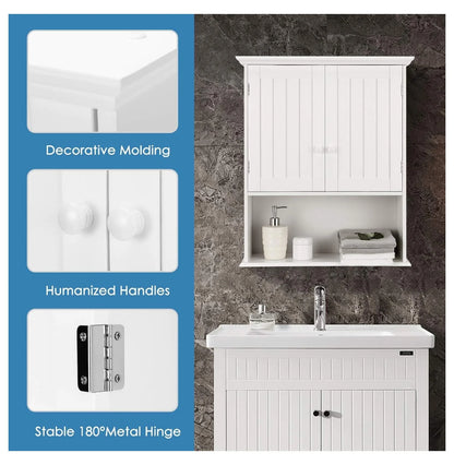 Ditangy Wall Mounted Bathroom Cabinet, Over The Toilet Storage Cabinet w/Double Doors & Adjustable Shelf, Wood Hanging Medicine Cabinet for Living Room, Entryway, Kitchen (White)