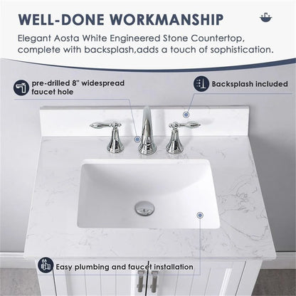 Isla 30" Single Bathroom Vanity Set in White and Carrara White Marble Countertop without Mirror