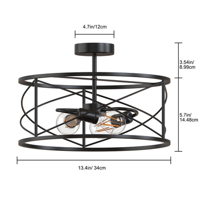 LOHASLED 3 Lights Black Vintage Retro Industrial Modern Farmhouse Lighting, Semi Flush Mount Ceiling Light Fixture with Metal Cage for Kitchen Bedroom Hallway Living Room Bathroom