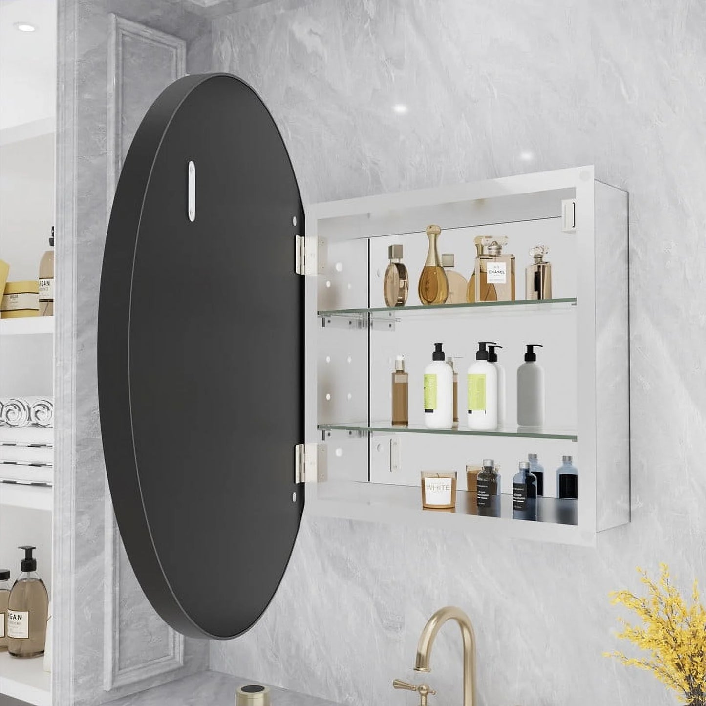 WallBeyond Bathroom Medicine Cabinet with Round Mirror Aluminum Framed 24", Gold