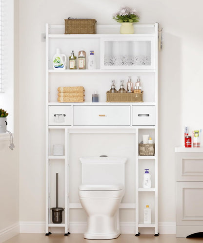 Over The Toilet Storage Cabinet with Acrylic Sliding Door Panel, Bamboo Organizer Shelf with 2 Paper Drawers and 1 Big Drawer,Space Saver Rack for Bathroom (White)