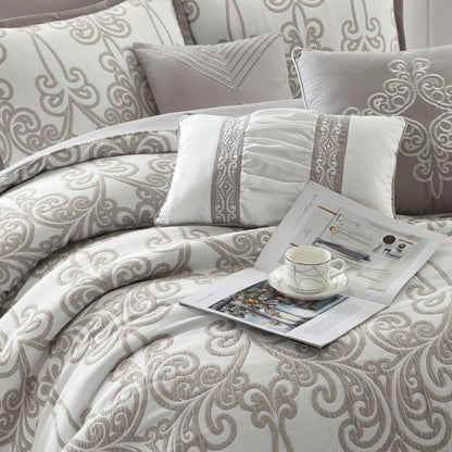 Lanco Smoke Grey Comforter Set California King Size, 9 Piece Jacquard Floral Bedding Set, All Season, Ultra-Soft, Matching Pillows & Shams, Bed Skirt