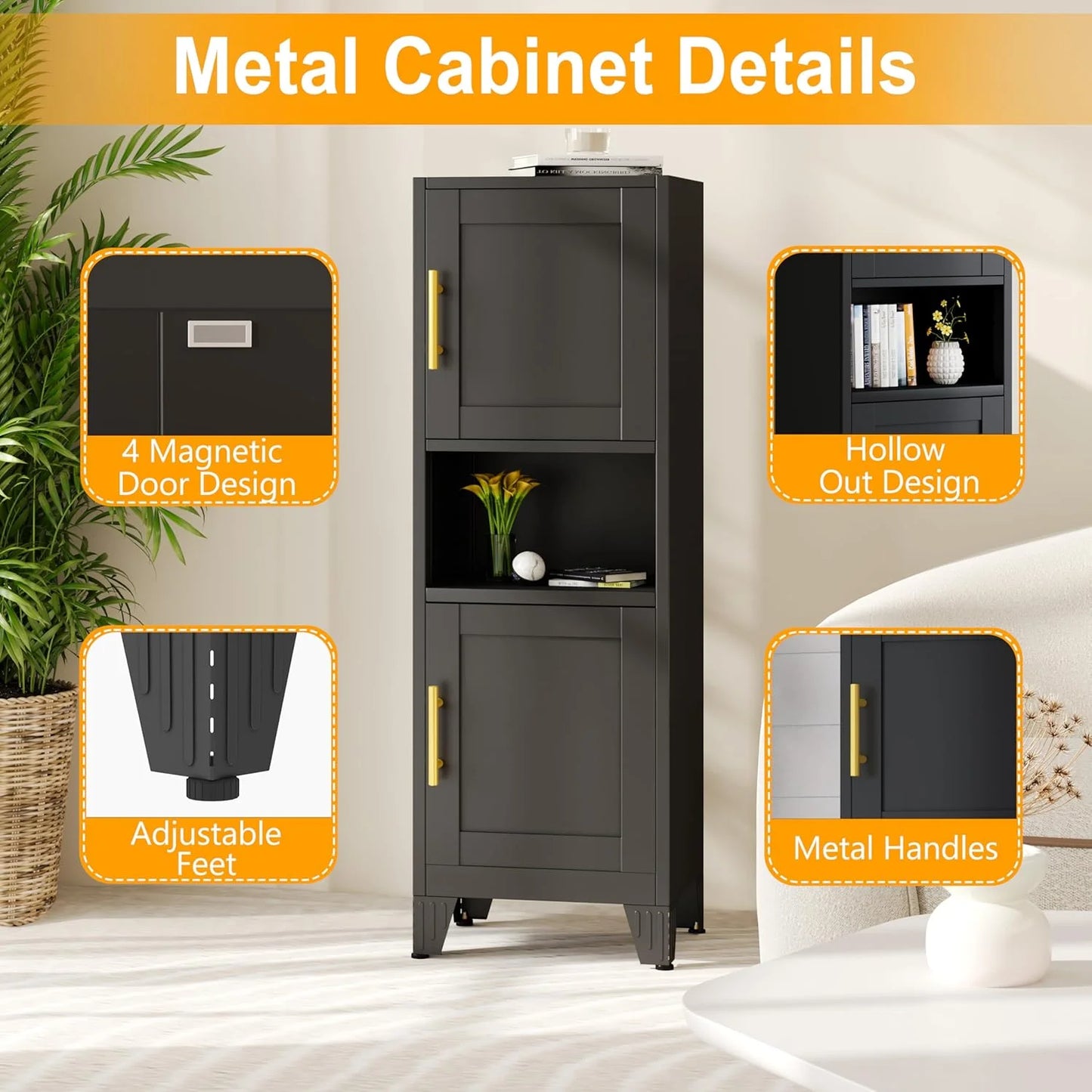 47.24" H Metal Narrow Bathroom Storage Cabinet Pantry Storage Cabinet, 2 Adjustable Shelves for Kitchen, Home Office, Living Room, Dinning Room (Black)