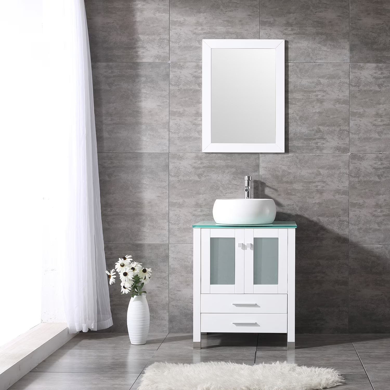 Wonline 24" Bathroom Vanity Cabinet Ceramic Sink Faucet Drain Combo w/Mirror Set White