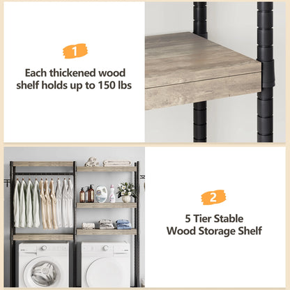 5 Tier Wood Over The Washer and Dryer Storage Shelf, Adjustable Height Laundry Drying Clothes Racks Bathroom Shelf