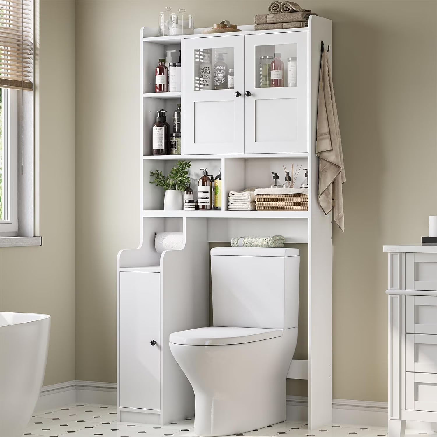 Over The Toilet Storage Cabinet with 3 Doors, Farmhouse Space Saver for Bathroom Organizer with Paper Holder, 10 Shelves and Hooks, 7-Tier Over Washing Machine Cabinet for Laundry, Bathroom, Natural