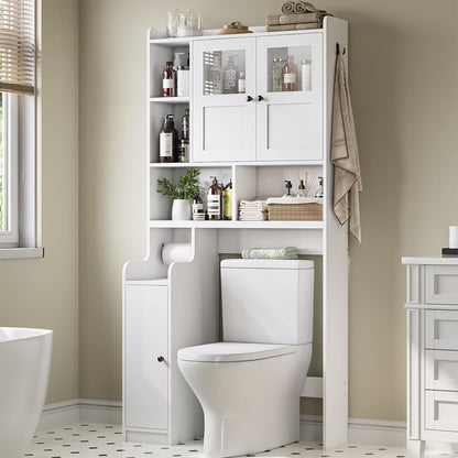 Over The Toilet Storage Cabinet with 3 Doors, Farmhouse Space Saver for Bathroom Organizer with Paper Holder, 10 Shelves and Hooks, 7-Tier Over Washing Machine Cabinet for Laundry, Bathroom, Natural