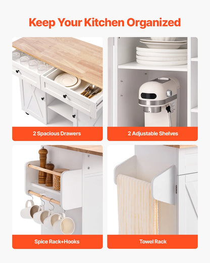 VEVOR Kitchen Island Cart, with Solid Wood Top and Storage Cabinet, Mobile Rolling Table with Drop Leaf,Drawers, Spice Towel Rack,Portable Islands on Swivel Wheels for Dining Room,52in Width,White