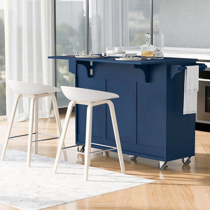 53.2'' Kitchen Island with Drop Leaf, Kitchen Storage Cart with Spice Rack, Towel Rack and 2 Drawers, Rolling Kitchen Island on Wheels with Adjustable Shelves, Navy Blue