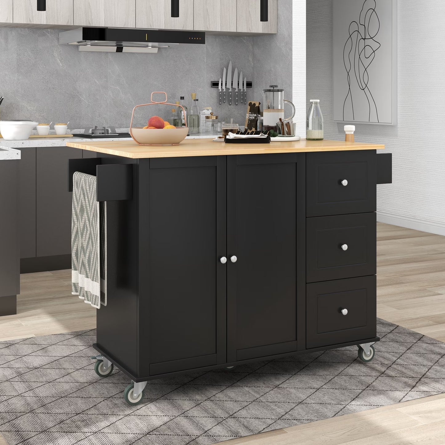 52.7" Width Rolling Mobile Kitchen Island with Solid Wood Top and Locking Wheels, Moveable Kitchen Island Cart with Storage Cabinet, Drop Leaf Breakfast Bar, Spice Rack, Towel Rack, Drawer