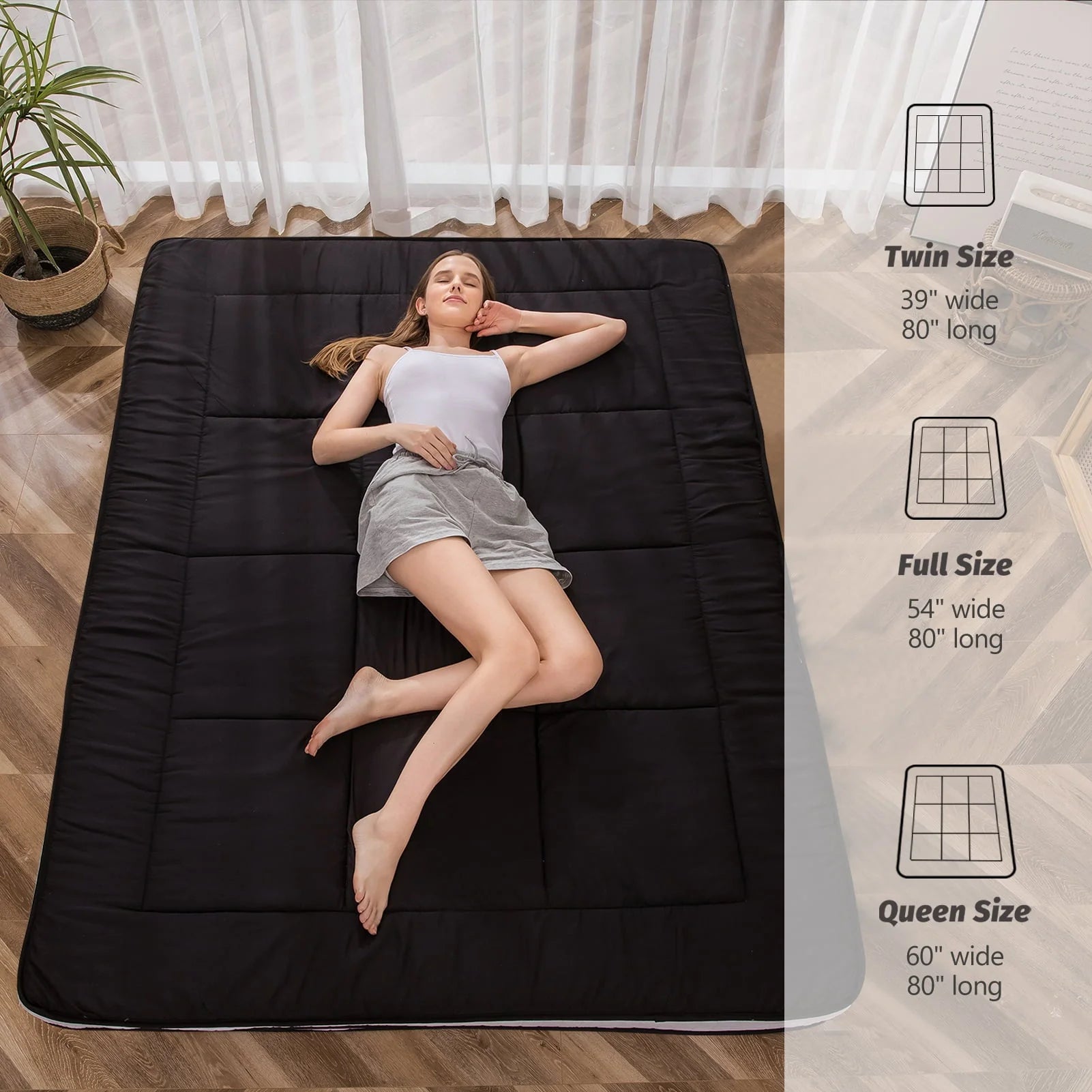 Mattress, Padded Japanese Floor Mattress Quilted Bed Mattress Topper, Extra Thick Folding Sleeping Pad, Black, Twin