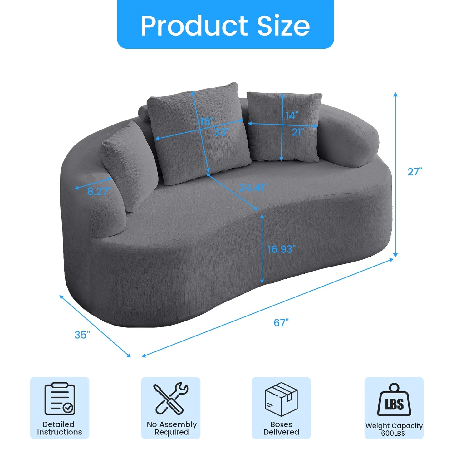Puremind 67"W Curved Loveseat, Upholstered Chenille Sofa with Three Throw Pillows, Floor Sofa Couch for Living Room/Small Space, No Assembly Required, Dark Gray