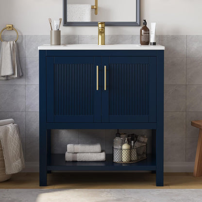 DELUXE LIVING 36 Inch Bathroom Vanity with Sink, Modern Black Bathroom Vanities with Adjustable Feets, 2 Soft-Closing Doors & 4 Drawers, Integral Sink