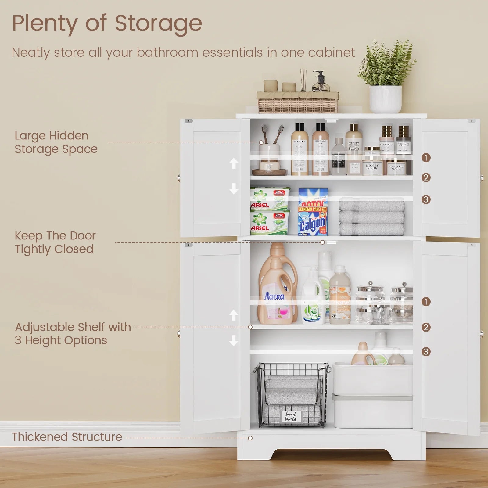 Bathroom Floor Storage Cabinet, Freestanding Bathroom Storage Unit with 2 Adjustable Shelves & 4 Doors, 11.8 x 23.6 x 42.7 Inches, White