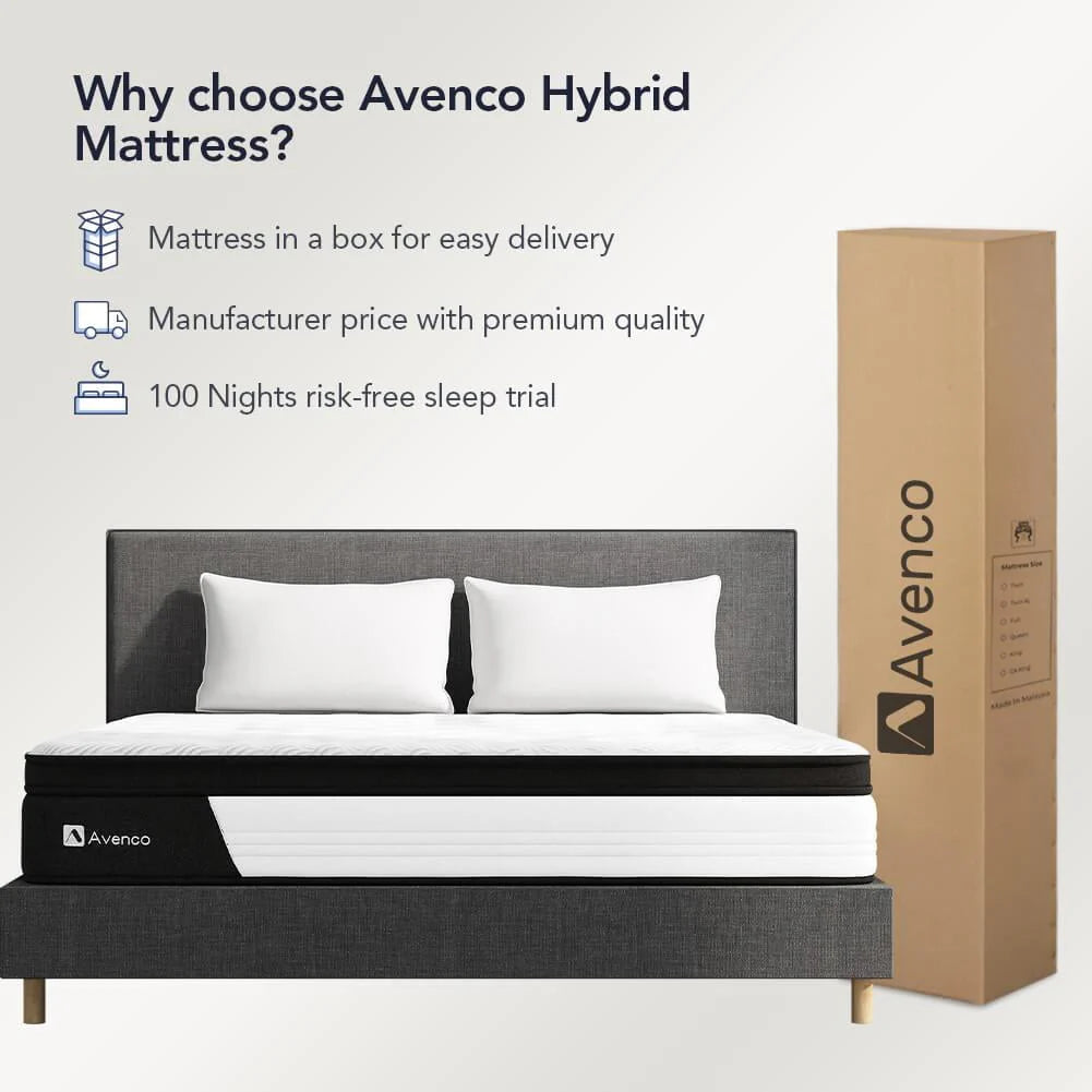 Avenco Queen Size Hybrid Mattress, 12-Inch Mattress in a Box, Pocketed Innerspring and Memory Foam Mattress, Medium Firm with Pillow Top, Supportive