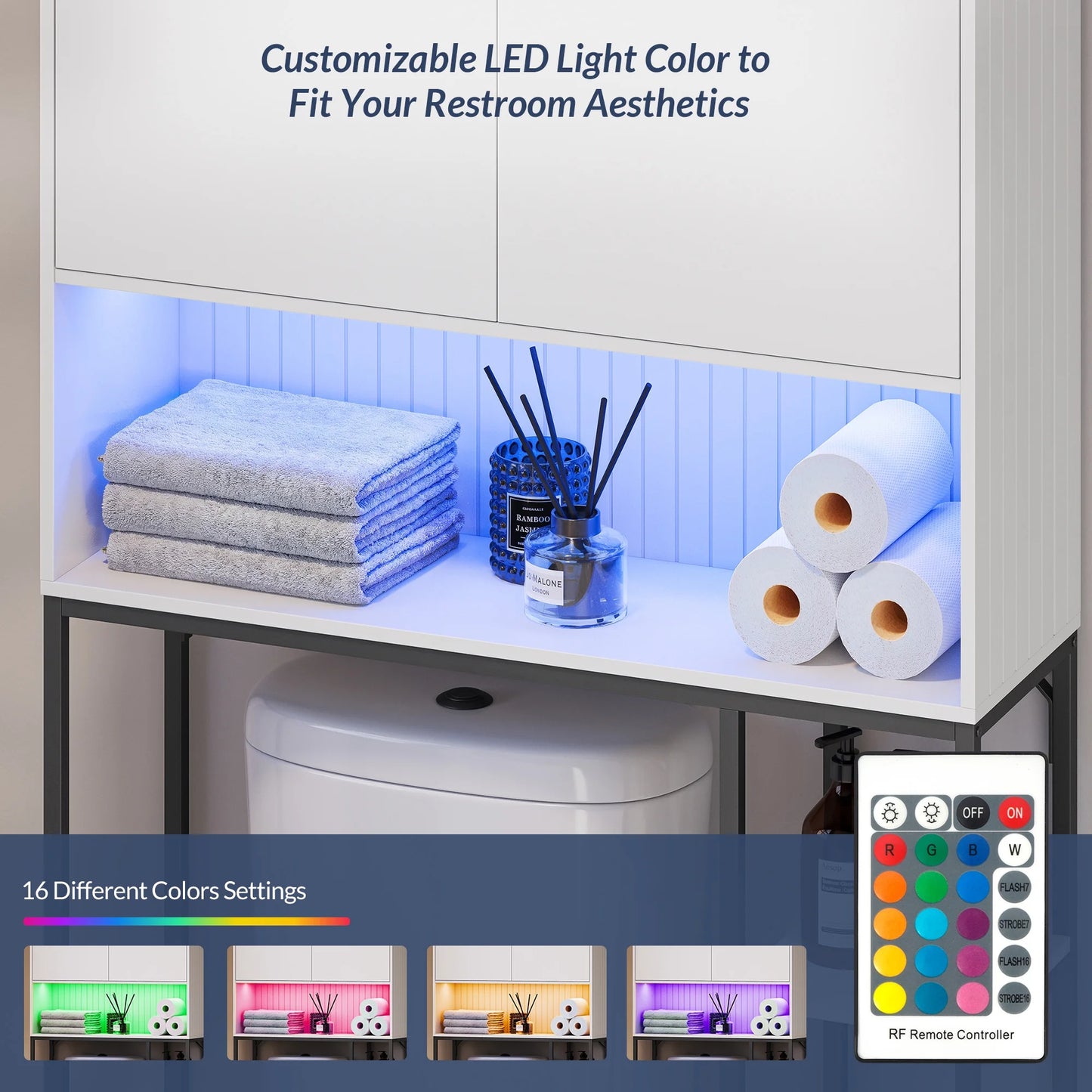 BELLEZE Over The Toilet Storage Cabinet with LED Light, Freestanding Above Toilet Rack with Adjustable Shelf, Bathroom Space Savers Anti-Tipping Device Included - Murano (White)