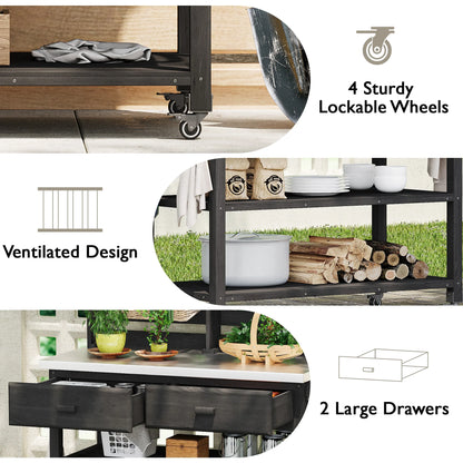 Euroco 64.9"H Outdoor Potting Bench Table with Lockable Wheels, Solid Wood Outdoor Kitchen Island with Upper Hutch, Stainless Steel Top, Towel Rack ,Outdoor Storage for Grilling, Lawn Garden -Black