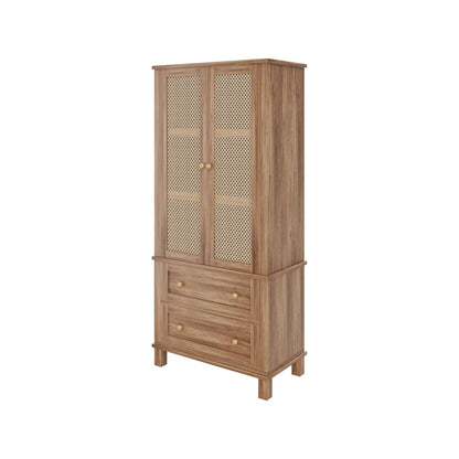 Kitchen Pantry Storage Cabinet with 2 Rattan Doors and 2 Adjustable Shelves, 64" Tall Farmhouse Food Pantries Cabinet for Living Room, Dining Room, Bathroom