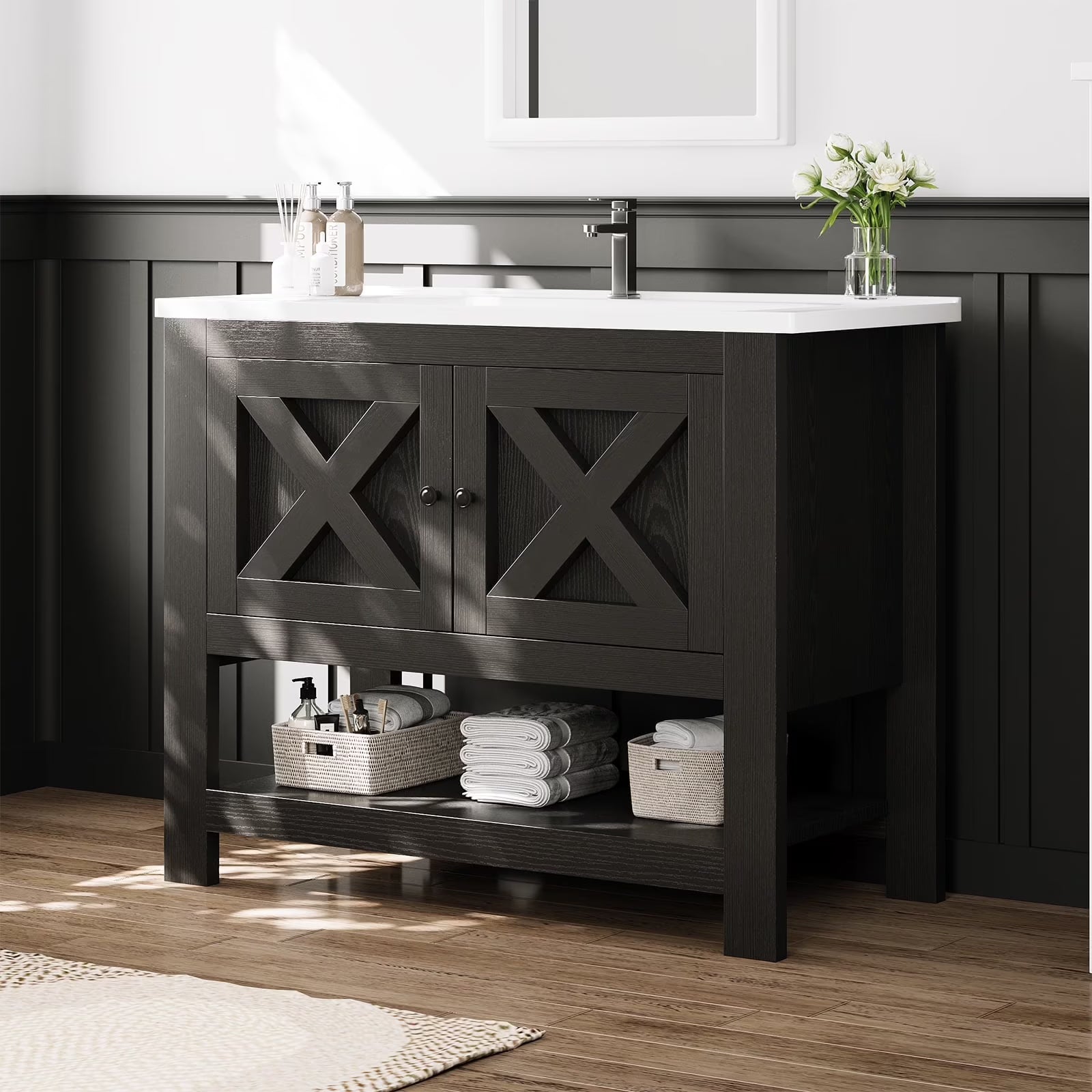 DreamCurship Bathroom Vanity with Sink Combo, 35'' Bathroom Storage Cabinet with Storage, Farmhouse Bathroom Vanity Cabinet with 2 Doors and Open Shelf, White