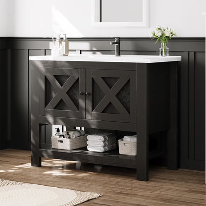 DreamCurship Bathroom Vanity with Sink Combo, 35'' Bathroom Storage Cabinet with Storage, Farmhouse Bathroom Vanity Cabinet with 2 Doors and Open Shelf, White