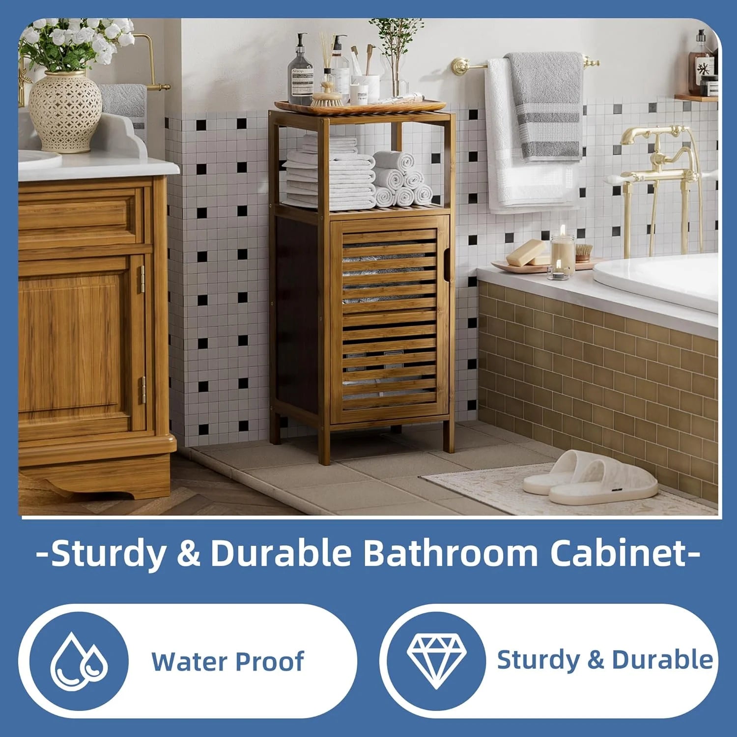 Bathroom Cabinet, Bamboo Floor Cabinet Free Standing, 4 Tier Sofa Side Storage Cupboard for Living Room Kitchen Bedroom