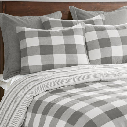 Levtex - Camden Duvet Cover Set - Full/Queen Duvet Cover (90 x 94 in.) + Two Standard Pillowcases (26 x 20 in.) - Buffalo Check in Grey and Cream - Reversible Pattern - Cotton