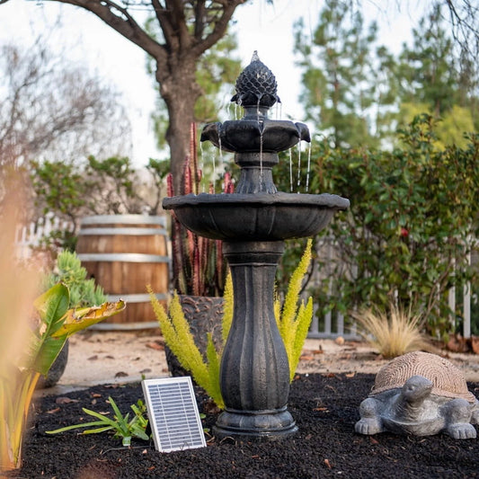 XBrand 44" H Black Fiberglass/Resin 2-Tier Solar Water Fountain w/Solar Panel and Auto-Shut Off Pump, Solar Garden Fountain, Tall Outdoor Fountain, Two Tiered Birdbath Fountain