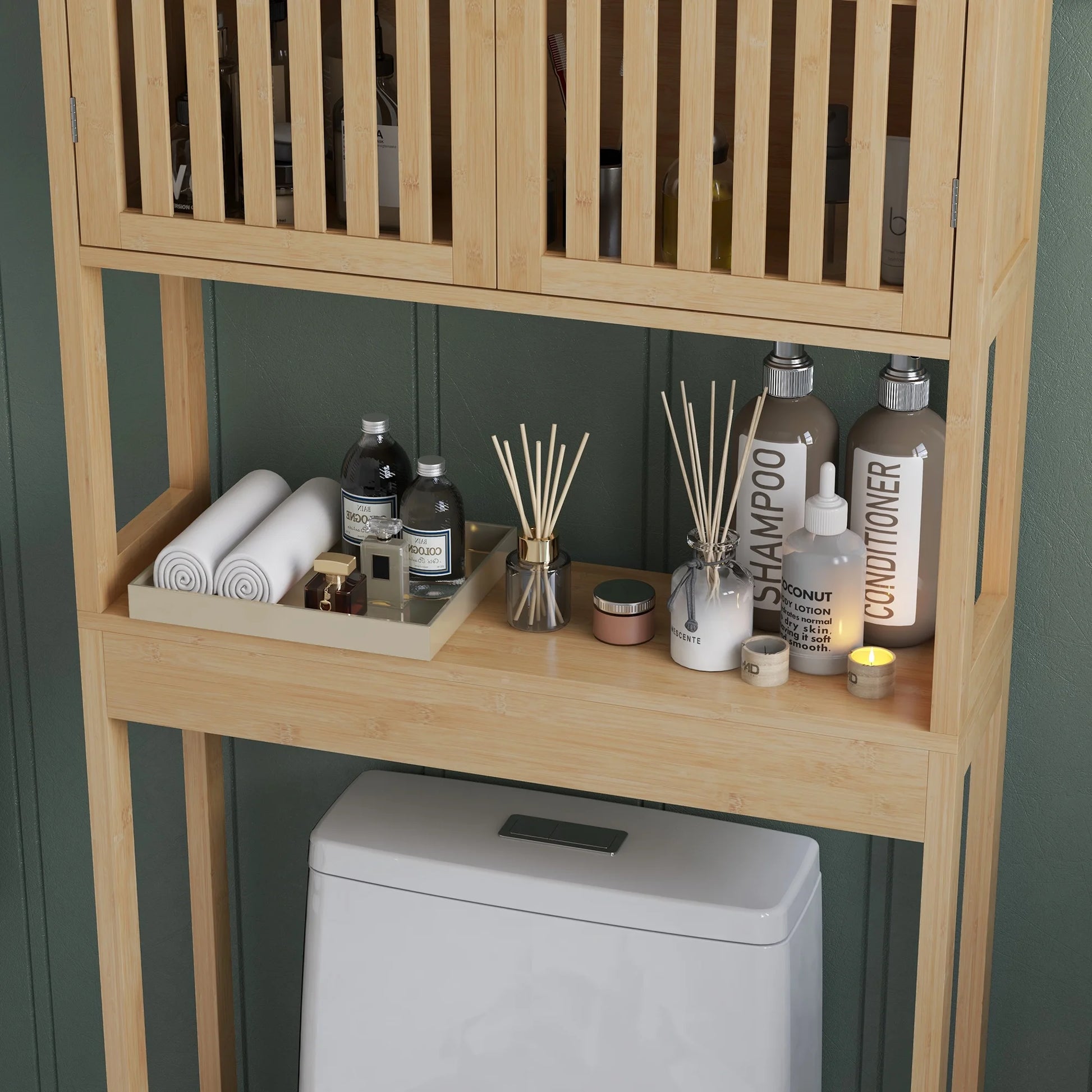 HOMCOM Bamboo Over the Toilet Storage Cabinet, Bathroom Space Saver Above Toilet with Double Slatted Doors, Adjustable Shelf and Open Shelf, Natural