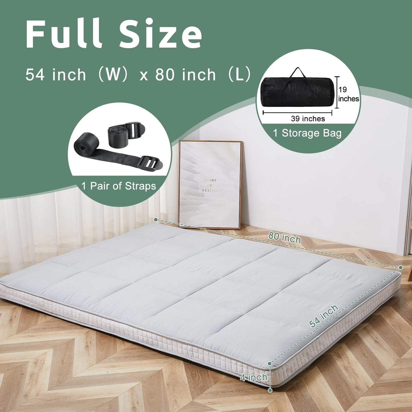 ABORON Japanese Floor Mattress,Futon Mattress, Extra Thick Folding Sleeping Pad, Tatami Mat Foldable Roll Up Mattress Gray, Full